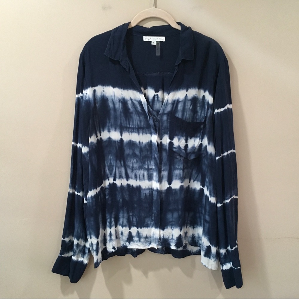 Young Fabulous & Broke Shirt Womens L Navy Tie Dye Hidden Buttons Beach Boho